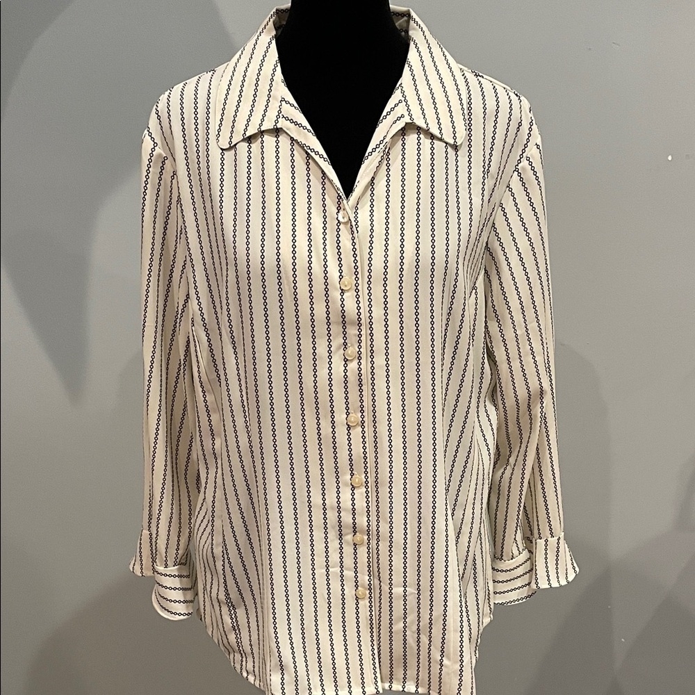 Striped Button-Up Women's Top size large with ruffle cuffs cream and black